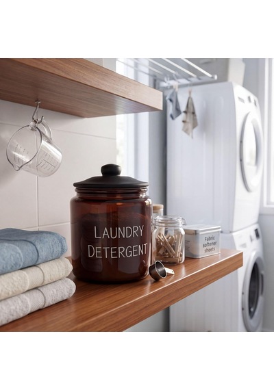 Laundry Detergent Yazılı 900 Ml Amber Cam Deterjan Kavanozu, Siyah Kapaklı Banyo Ve Çamaşır Düzenleyici Çok Renkli