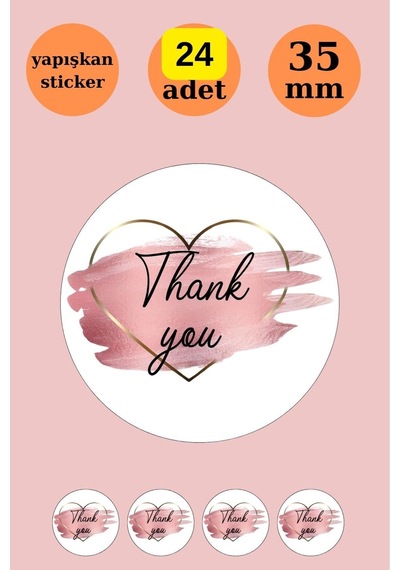 24 Adet - Thank You Kalpli Pembe Gold Sticker - Teşekkür Sticker - Teşekkür Etiket- Yuvarlak Sticker Çok Renkli