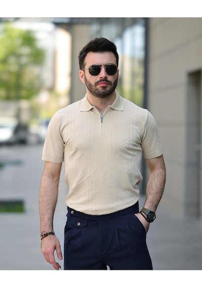 Fermuarlı Triko Tshirt Krem