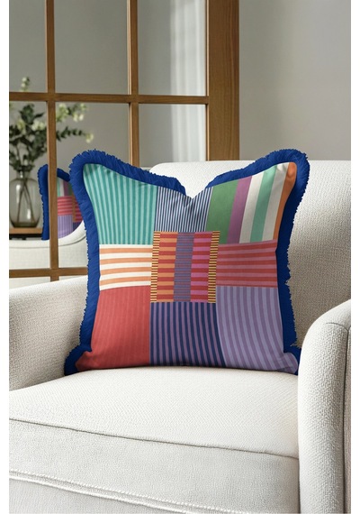 Geometrik Çizgili Modern Saçaklı Yastık Kılıfı - Patchwork Mint Lacivert Püsküllü Kırlent Kılıfı Altın