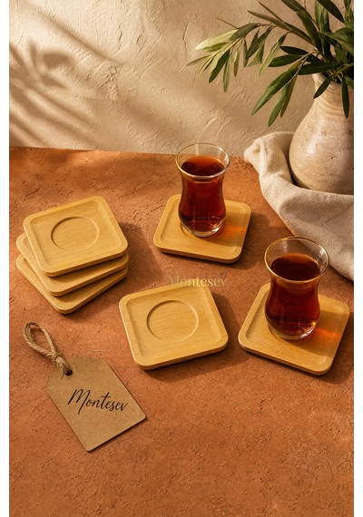 Ahşap Çay Tabağı 6 Lı Set Bardak Fincan Kupa Altlığı Kare Ahşap