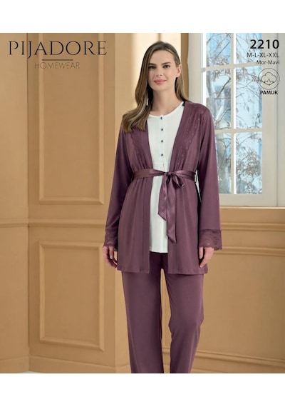 Feyza Pijadore Kadın Sabahlıklı Hamile Lohusa Güpürlü Pijama Takımı 2210 Mor