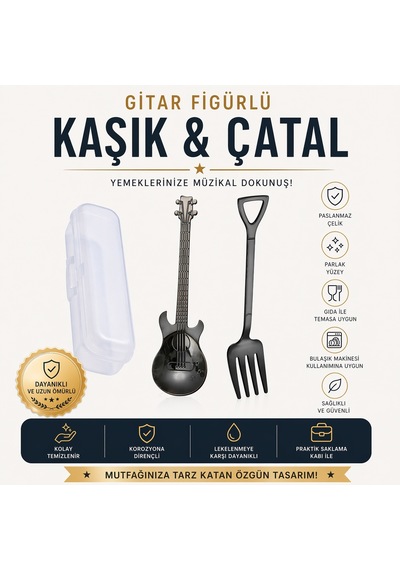 Gitar Tasarımlı Paslanmaz Çelik Kaşık Ve Paslanmaz Çelik Çatal + Saklama Kutusu Siyah Renk