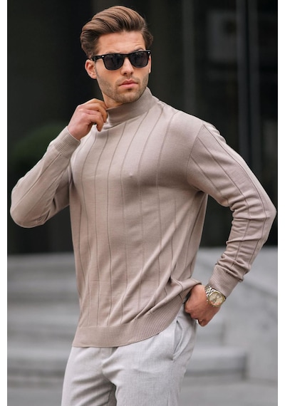 Madmext Vizon Slim Fit Yarım Balıkçı Yaka Çizgili Tüylenmeyen Erkek Triko Kazak 6344