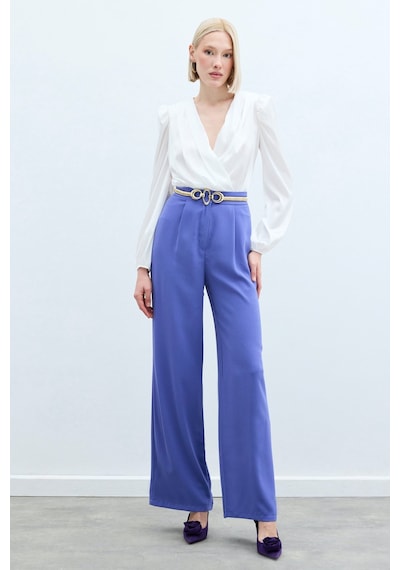 Sateen Pileli Krep Pantolon - Mor-133393 Mor