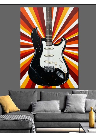 Ahşap Tablo Retro Fonlu Elektro Gitar