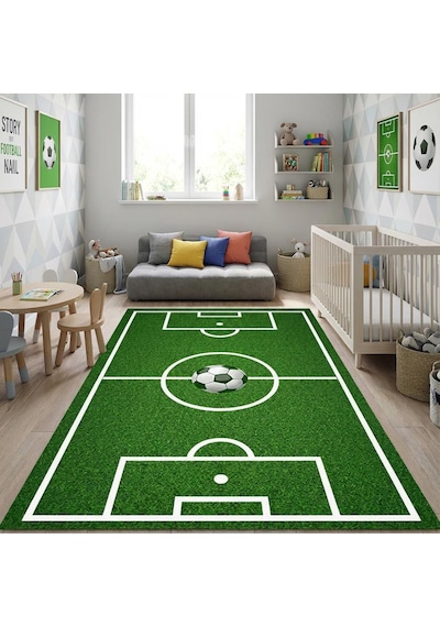 Futbol Sahası Desenli Çocuk Odası Halısı Kaymaz Tabanlı Yıkanabilir Dijital Baskı Halı Yeşil