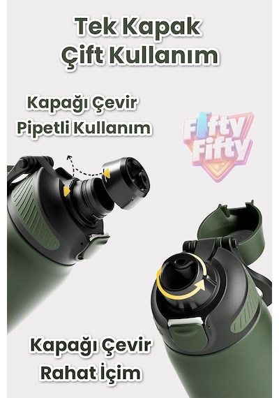 700 Ml Tek Kapak Çift Kullanım Pipetli Rahat İçim Kulplu Paslanmaz Çelik Termos Ffvgn1112-700ml Yeşil