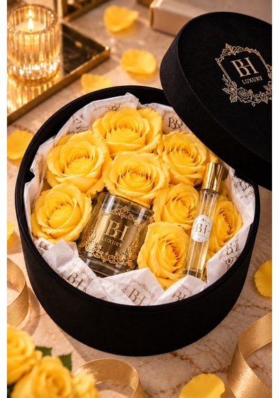 Bh Luxury Sarı Yapay Gül Ve Gül Parfümü Hediye Seti Siyah Dekoratif Kutulu