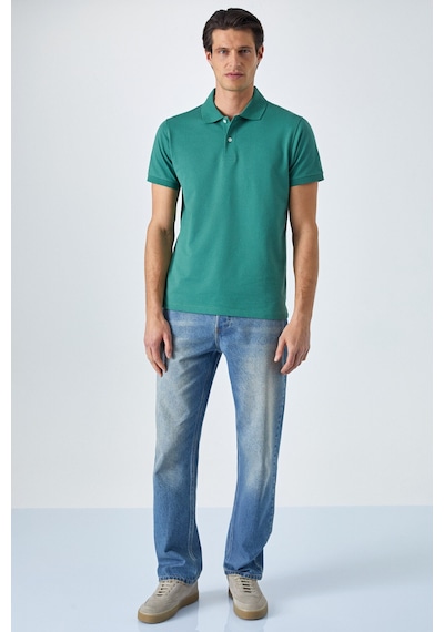 Grimelange MONAGHAN Erkek Polo Yaka Relaxed Fit Patlı Düğmeli Kısa Kollu Yeşil T-Shirt