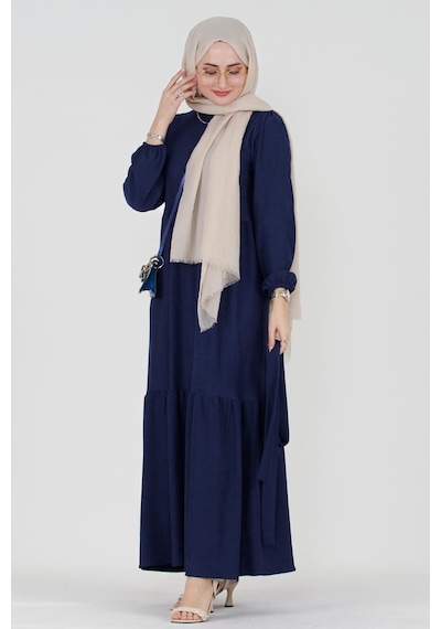 Sevitli Şura Fitilli Tesettür Elbise-saks Mavi-3297-saks Mavi Saks