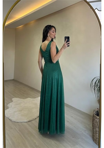 Neşeli Butik Kadın Drapeli Işıltılı Kalın Askılı Abiye Elbise Nm003 Zümrüt Yeşili