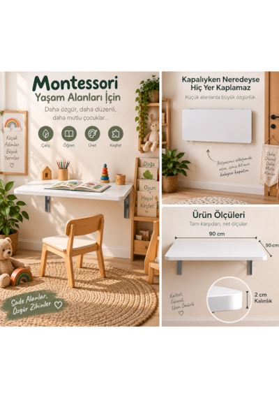 Montessori Masa 90x50 CM Katlanabilir Duvar Masası Çocuk Çalışma Oyun ve Aktivite Masası Beyaz Montessori Masa 90x50 CM Katlanabilir Duvar Masası Çocuk Çalışma Oyun ve Aktivite Masası Beyaz