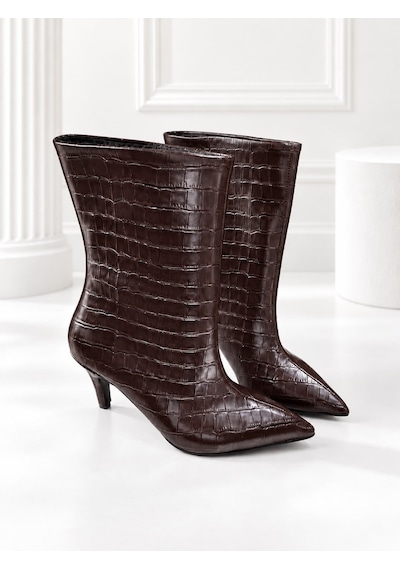 Dabab Shoes Selvıa Kadın Acı Kahve Kroko Cilt Sivri Burun İçi İnce Kürklü 8 Cm İnce Topuklu Orta Konç Bot Bootie Kahverengi
