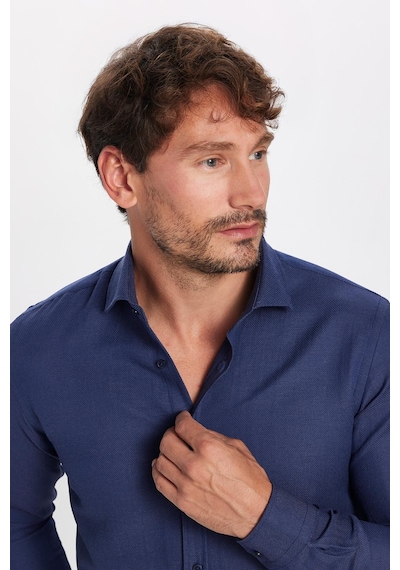 Tudors Erkek Slim Fit Dar Kesim Uzun Kollu Pamuklu Kolay Ütü Armürlü Lacivert Gömlek-32837 Lacivert
