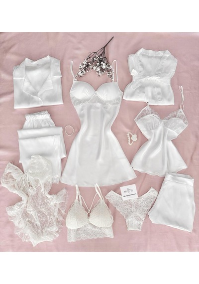 Mh Moony Homewears 9'lu Kutulu Taksim Deluxe Saten Kaplı Gecelik Pijama İç Giyim Çeyiz Seti BEYAZ