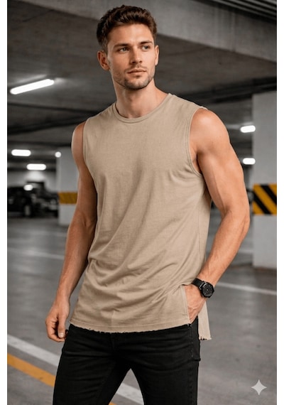 Erkek Kolsuz Regular Fit Basic Atlet Yan Yırtmaçlı Pis Yaka Tişört Bej