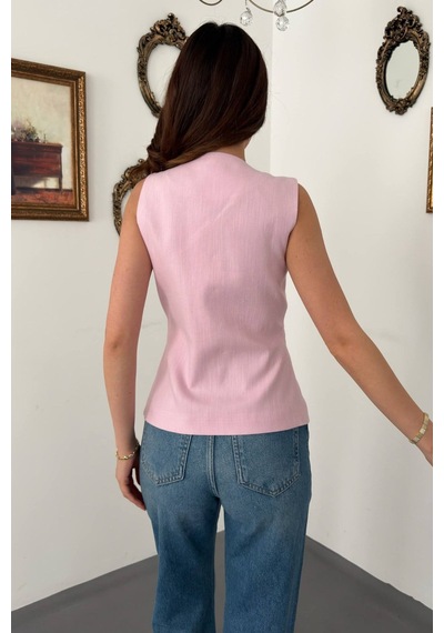 Alemdarshop Pembe Belden Oturtmalı Fleto Detaylı Yelek