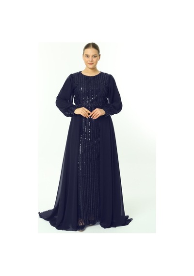 Ladies First Büyük Beden 3703 Lacivert Uzun Abiye Elbise
