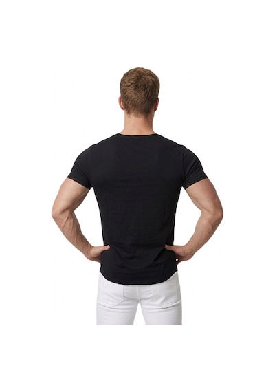Deepsea Erkek Siyah Geniş Yaka Likralı Tişört Oval Yaka Slim Fit Eteği Oval Açık Yaka T-shirt 1801199 Siyah