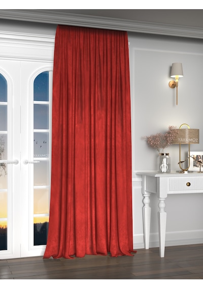Yakamoz Kadife Görünüm Kırmızı Ada Fon Perde Ekstraforlu Velvet Touch Serisi Kırmızı