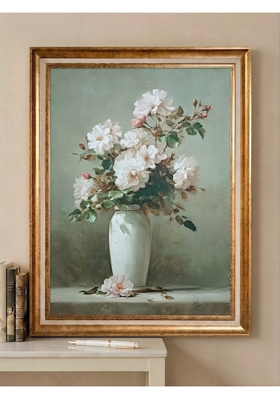 Varaklı Gold Çerçeveli Yağlı Boya Dokulu Büyük Boy Salon Tablosu - Yeşil Fonda Vazoda Beyaz Güller Sanat Eseri Klasik Vintage Dekoratif Duvar Tablosu 50x70 Cm / Çerçeveli 60x80 Cm Varaklı Gold Çerçeveli Yağlı Boya Dokulu Büyük Boy Salon Tablosu - Yeşil Fonda Vazoda Beyaz Güller Sanat Eseri Klasik Vintage Dekoratif Duvar Tablosu 50x70 Cm / Çerçeveli 60x80 Cm