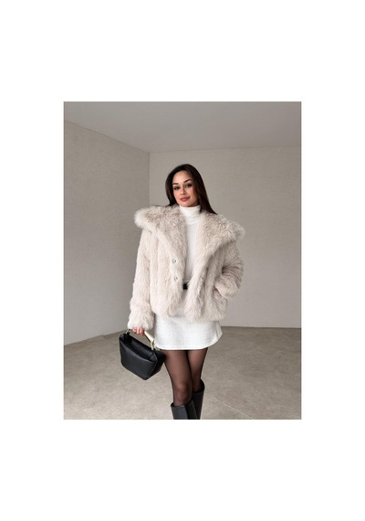 Rabia Çelik Kadın Krem Premium Peluş Kışlık Suni Kürk Mont Krem Krem