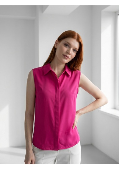 Pera Moda Sıfır Kol Mevsimlik Poplin Gömlek Fuşya