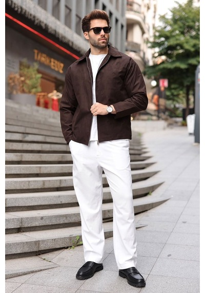 Madmext Kahverengi Polo Yaka Süet Erkek Ceket E7221