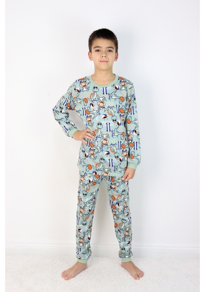 Harika Kids Erkek Çocuk Baskılı İnterlok Kumaş Uzun Kollu Pijama Takımı Yeşil