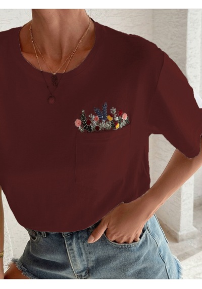 Flood Of Style Kadın Bordo Çiçekli Cep Baskılı Oversize