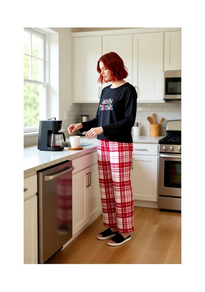 Ersefa Kadin Kirmizi Yılbaşı Desenli Pamuk Polyester Pijama Fonksiyonel Siyah-Kırmızı