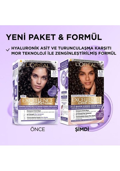Excellence Saç Boyası 3.11 Ekstra Küllü Koyu Kahve 3'lü Set Yenilenmiş Ambalaj