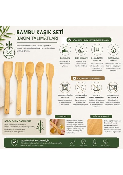 Tr 5 Parça Bambu Mutfak Kaşık Seti %100 Doğal, Çizilmeye Karşı Korumalı, Isıya Dayanıklı, Hafif, Ergonomik