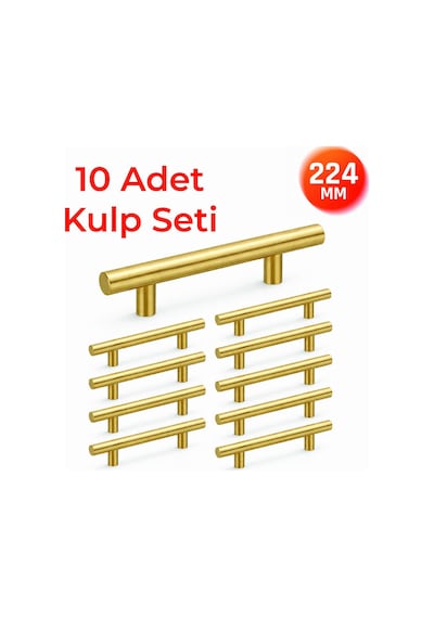 224 Mm Metal Mobilya Kulpu Mutfak Dolap Çekmece Kulpu, Dekoratif Kulp Seti 10 Adet Mat Altın