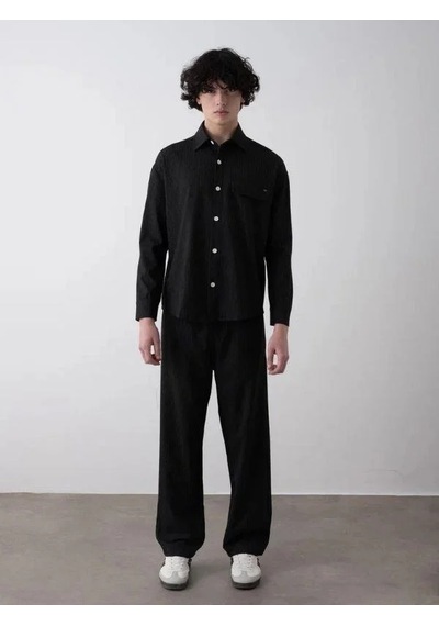 Erkek Teenage Oversize Çizgili Gömlek Pantolon Takım-15545 Siyah