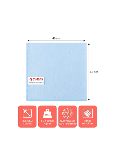 Mulpex Mikrofiber Temizlik Bezi 40x40 Cm 375 Gsm, Parlak Dokulu, 60 Gr 2, Yüksek Emici, İz Bırakmaz Mavi