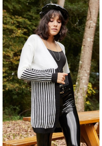 Aqe Fashion Kadın Çizgi Detaylı Ekru Hırka Ekru
