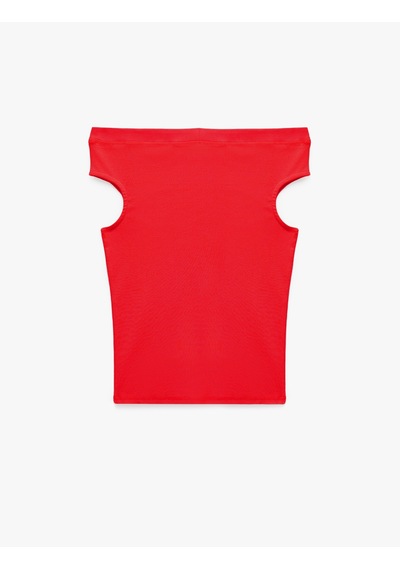Koton Pamuklu Ribanalı Slim Fit Omzu Açık Madonna Yaka Tişört Kırmızı 6sak50503ek