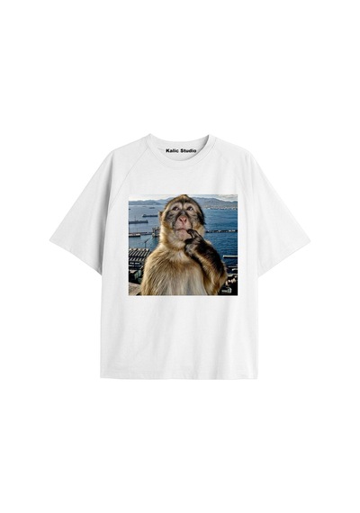 Kalic Studio Düşünen Maymun Ünisex Oversize T-shirt Beyaz Çok Renkli