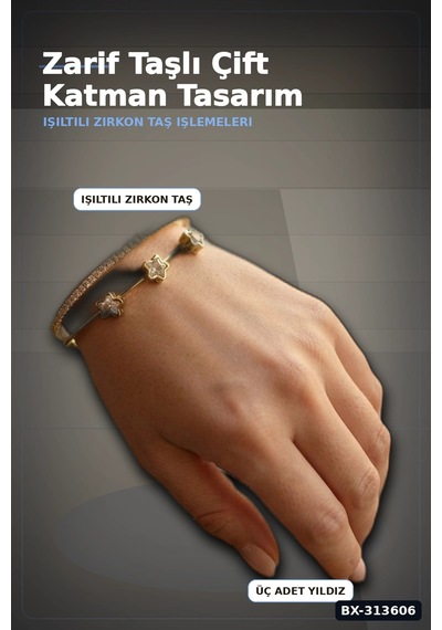 Bay Pirinç Zirkon Taşlı Yıldız Desen Gold Renk Bileklik - 1 Adet Bayan Takı Bx-313606 Najmaddin Standart