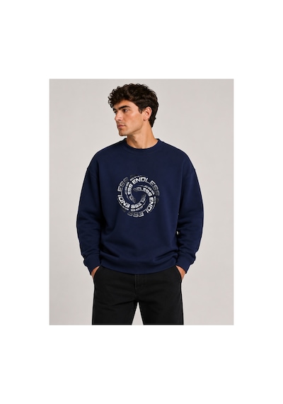 Herkesemoda Geometrik Desen Baskılı Bisiklet Yaka Şardonlu 2 İplik Sweatshirt Lacivert