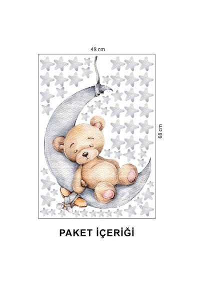 Artikel Ayda Uyuyan Sevimli Ayıcık ve Yıldızlar Çocuk Odası Duvar Sticker 50 x 70 Cm
