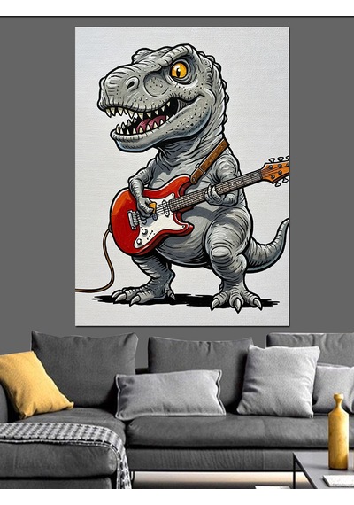 Dinozor Gitar Çalan Müzisyen Dekoratif Kanvas - Mdf Ahşap Tablo