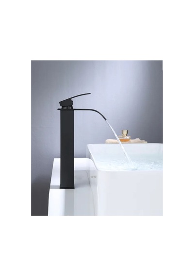 Rena Design Siyah Çanak Lavabo Bataryası Oval Çıkış Havza Model Uzun/yüksek Lavabo Musluğu Çift Girişli