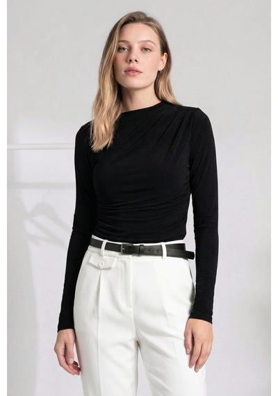 Seeh Siyah Drape Detaylı Uzun Kollu Kadın Bluz Sh358 Regular