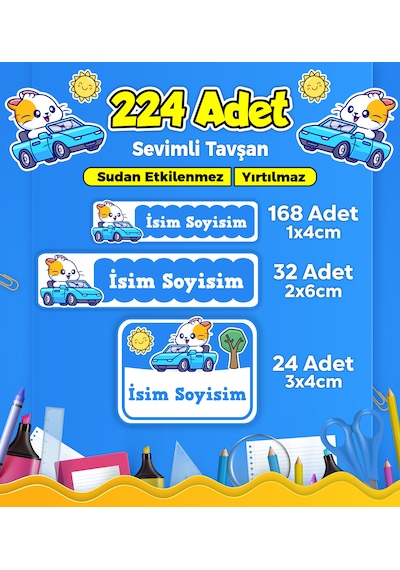 Sevimli Yarışçı Temalı Okul Kreş Kişiye Özel İsim Etiket Seti - Model 273 Çok Renkli