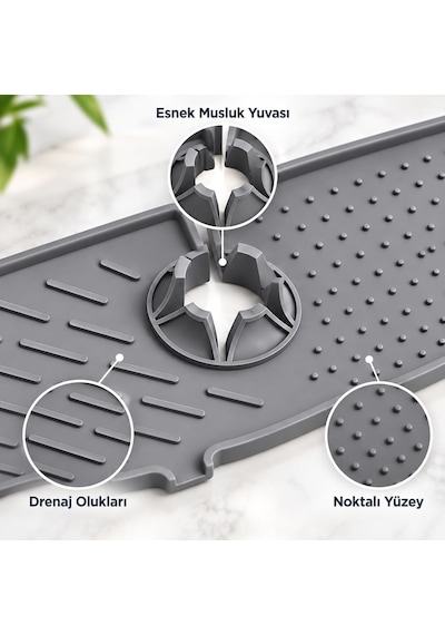 Deinhaus Su Tutucu Musluk Matı, Gri Plastik 25 X 10 Cm, Yıkanabilir Lavabo Batarya Altlığı, Mutfak Ve Banyo Tezgâh Koruyucu Mat Çok Renkli