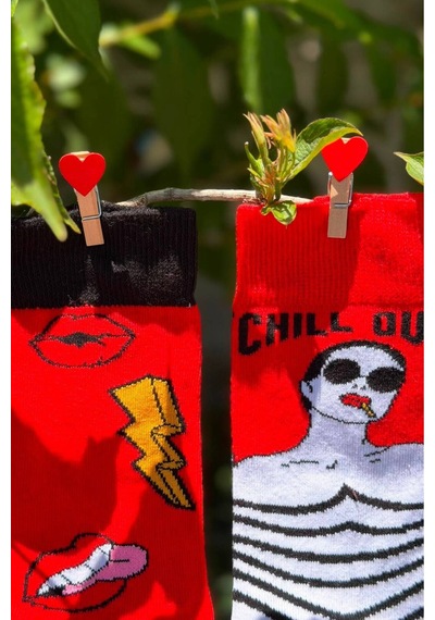 Lousocks Unisex Sağlı Sollu Chill Out Desenli Soket Çorap Kırmızı