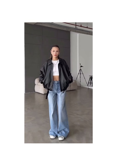 Belizmod Oversize Kemerli Bomber Deri Ceket Siyah Siyah